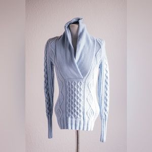 Kinross Cashmere Light Blue Cable Knit Cowl Neck Sweater